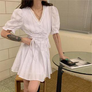 Puff-sleeve Lace-up Striped A-line Dress