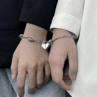 Set Of 2: Couple Matching Magnetic Heart Stainless Steel Bracelet 1 Pr - Silver - One Size