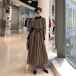 Stripped Long-sleeve Knit Dress As Shown In Figure - One Size