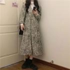 Long-sleeve V-neck Leopard Dress Off-white - One Size
