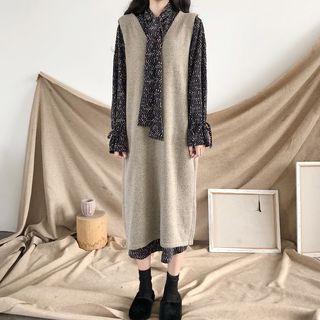 Long-sleeve Tie-neck Chiffon Dress / Long Knit Vest