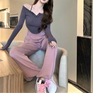 V-neck Long-sleeve T-shirt / Straight Leg Jogger Pants