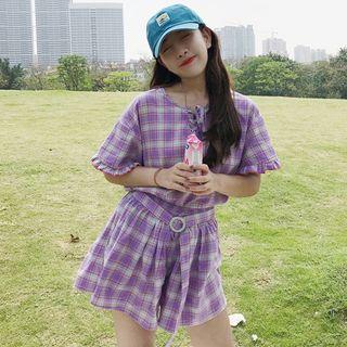 Elbow-sleeve Plaid Blouse With Belt / Plaid Drawstring Shorts