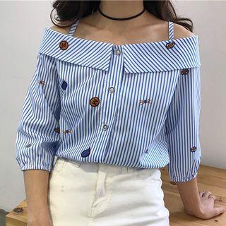 Printed Striped 3/4 Sleeve Off Shoulder Shirt