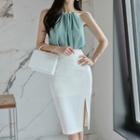 Set: Plain Halter Top + Side-slit High-waist Pencil Skirt