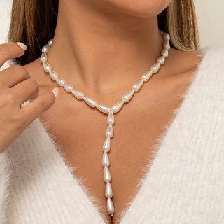 Faux Pearl Lariat Necklace / Layered Lariat Necklace