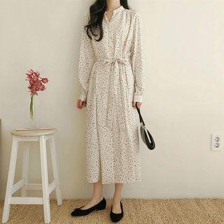 Long-sleeve Button-front Dotted Midi A-line Dress