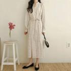 Long-sleeve Button-front Dotted Midi A-line Dress