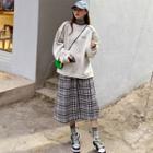Plaid Midi A-line Skirt / Contrast Trim Pullover