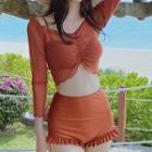 Set: Plain Bikini Top + Frilled Trim High Waist Bottom + Long Sleeve Cover-up