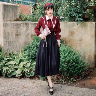 Set: Puff-sleeve Collared Blouse + Midi A-line Skirt