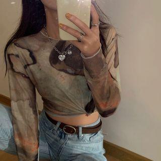 Round-neck Paint Sheer Top As Shown In Figure - One Size