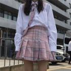 Plain Long-sleeve Shirt / Plaid Mini A-line Pleated Skirt