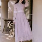 Lace Panel Long-sleeve Mesh Maxi A-line Dress