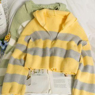 Striped Loose-fit Hooded Crop Sweater