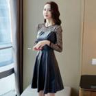 Long-sleeve Perforated Lace Panel Faux Leather Mini A-line Dress