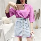 Set: Elbow-sleeve Printed Long T-shirt + Denim A-line Mini Skirt