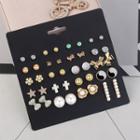 20 Pair Set : Rhinestone Alloy Earring (assorted Designs) Set - Green & Gold & Silver & Black & White - One Size