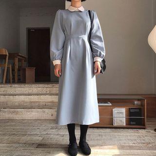 Long-sleeve Midi Peter Pan Collar Dress Blue - One Size