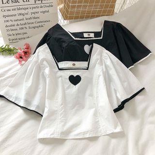 Square Neck Bell-sleeve Embroidered Blouse