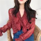Ruffle Trim Floral Printed Blouse Red - One Size