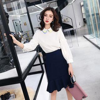 Set: Color Block Blouse + High Waist A-line Skirt