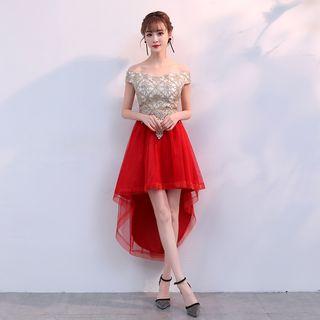 Off-shoulder Lace Embroidered High-low Evening Gown Red - One Size