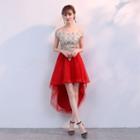 Off-shoulder Lace Embroidered High-low Evening Gown Red - One Size