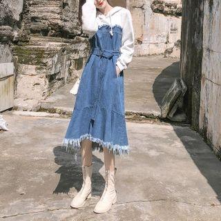 Panel Denim Long-sleeve Hoodie Dress