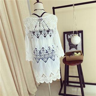 Long-sleeve Perforated Beach Cover-up White - One Size