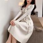 Long-sleeve Frill Trim Tie-waist Knit Midi A-line Dress