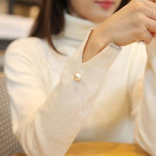 Turtle-neck Faux-pearl Wool Blend Knit Top