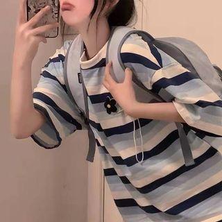 Elbow-sleeve Striped Flower Embroidered T-shirt