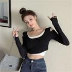 Mock Two-piece Round-neck Skinny Cropped Top