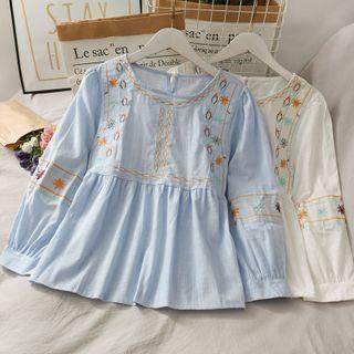 Embroidered Puff-sleeve Loose Top