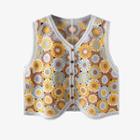 Color Block Single-breasted Crochet Vest Blue & Brown - One Size
