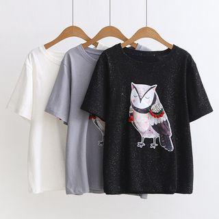 Pompom Owl Applique Short Sleeve T-shirt