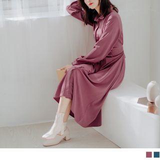 Tie-waist Long Sleeve Plain Shirtdress