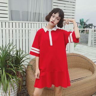 Elbow-sleeve Contrast Stripe Dress