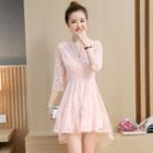 V-neck 3/4-sleeve A-line Lace Party Dress