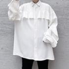 Long-sleeve Plain Ruffled Shirt White - One Size