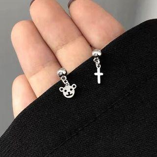 Bear & Cross Asymmetrical Stainless Steel Dangle Earring 1 Pair - Stud Earring - Bear & Cross - Silver - One Size