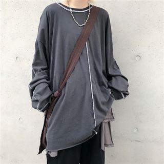 Contrast Stitching Oversize Long-sleeve T-shirt Gray - One Size