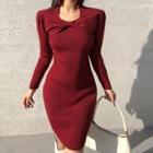 Long-sleeve Bow-front Knit Mini Sheath Dress