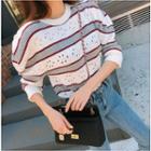 Puff-shoulder Striped Pointelle Sweater Ivory - One Size