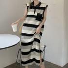 Sleeveless Collar Striped Midi Smock Dress Stripe - Black - One Size
