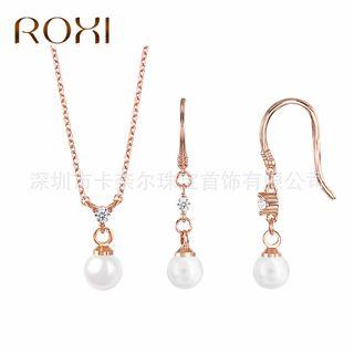 Set: Rhinestone Faux Pearl Pendant Necklace + Dangle Earring