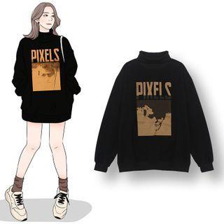 Mock-turtleneck Lettering Pullover Black - One Size