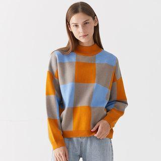 Color-block Plaid Sweater Orange - One Size