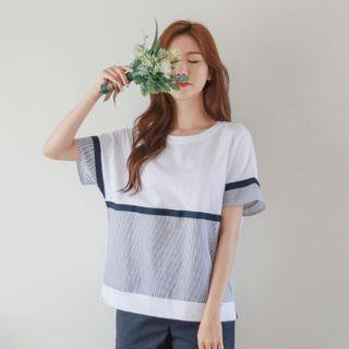 Raglan-sleeve Striped-panel T-shirt